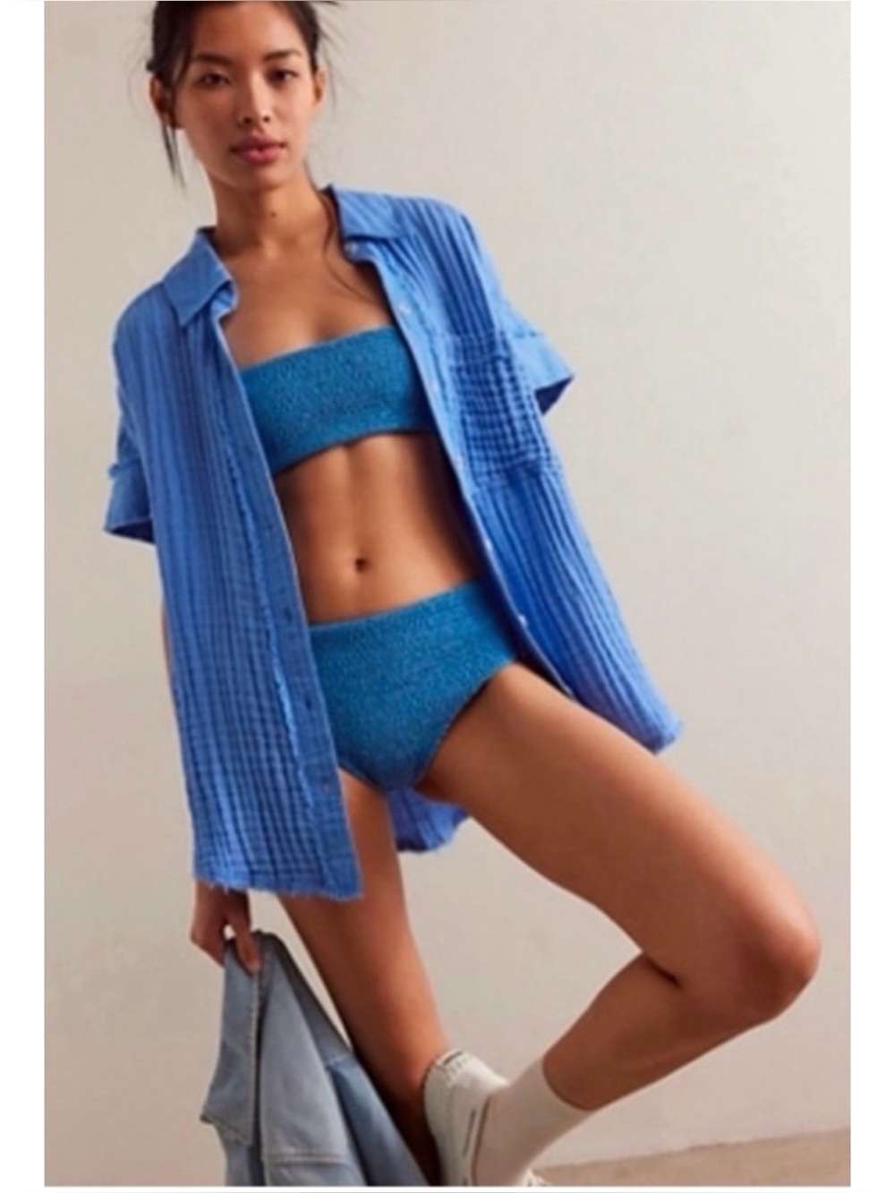 Free People Blue Gauze Short Sleeve Shirt.